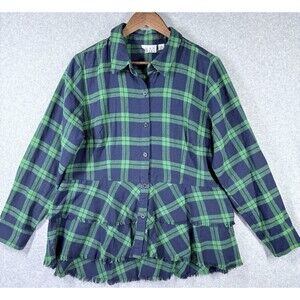 Joan Rivers Flannel Peplum Shirt Sz 12 Green Blue Cotton Plaid Button Down